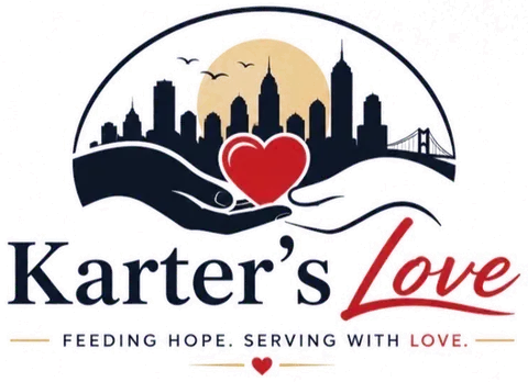 Karter's Love logo: a hand holding a heart beneath a city skyline